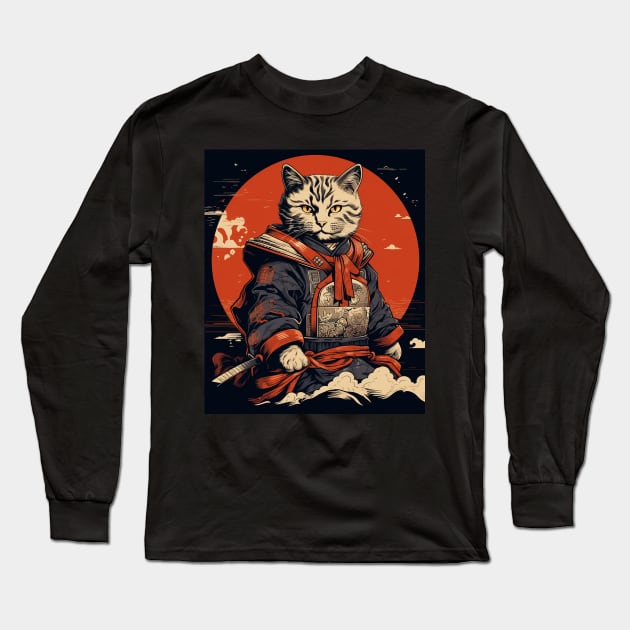 Japanese art Cat Ninja ukiyo-e Anime Stye Samurai Cat Long Sleeve T-Shirt by Spit in my face PODCAST